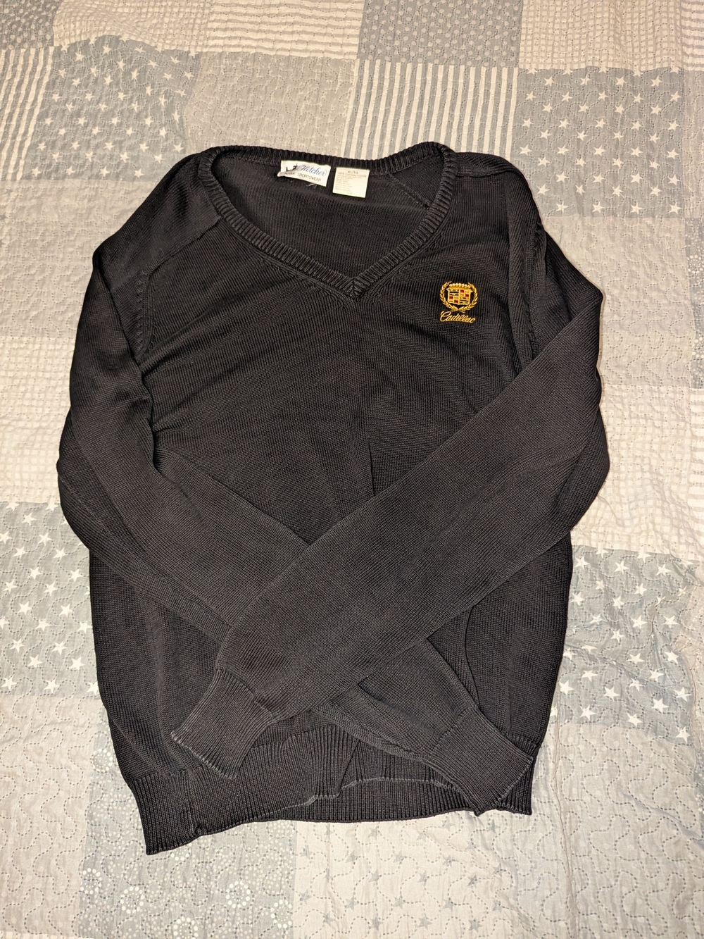 VTG Fletcher Black V-Neck Knit Sweater XL Embroidered Crest Grandpacore